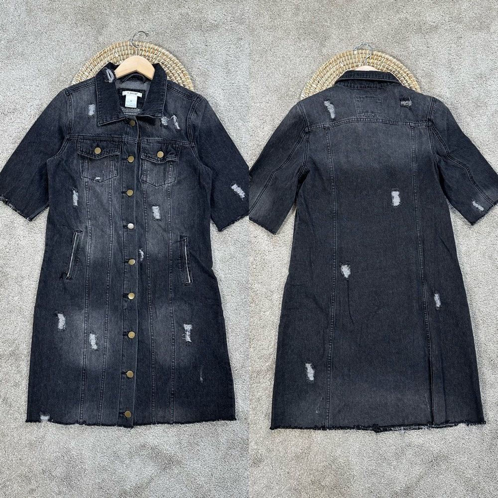 K. Jordan Women’s Cotton Long Destructed Jean Jacket Dress in Black Wash M
